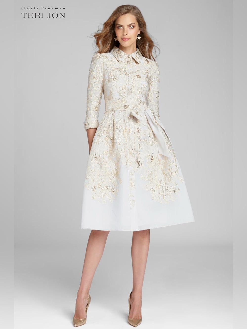 ❤️ Rickie Freeman by Terri Jon - Metallic Jacquard Shirtdress